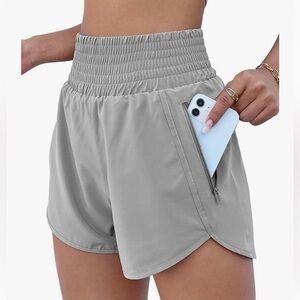 High-Waist Gray Athletic Shorts with Zipper Pocket